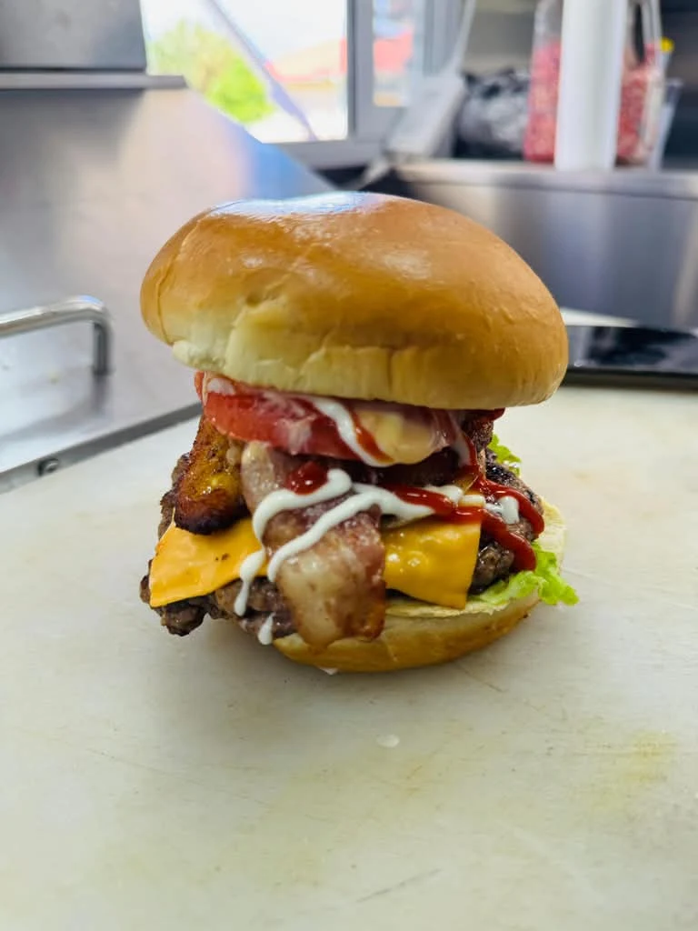 Freshly prepared Sophia’s cheeseburger