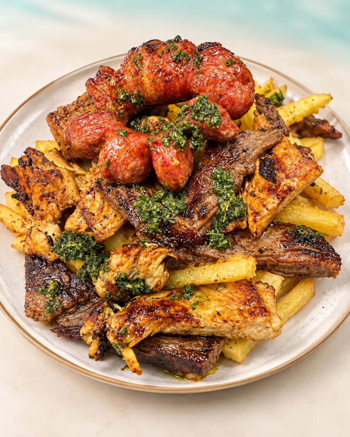 Steak, grilled chicken, Argentine sausage, fries and chimichurri / Bistec, pollo a la parrilla, salchicha argentina, papas y chimichurri